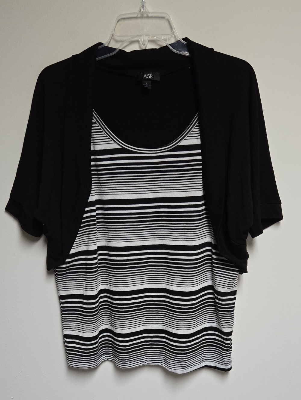 AGB Black Shrug with Black & White Striped Blouse